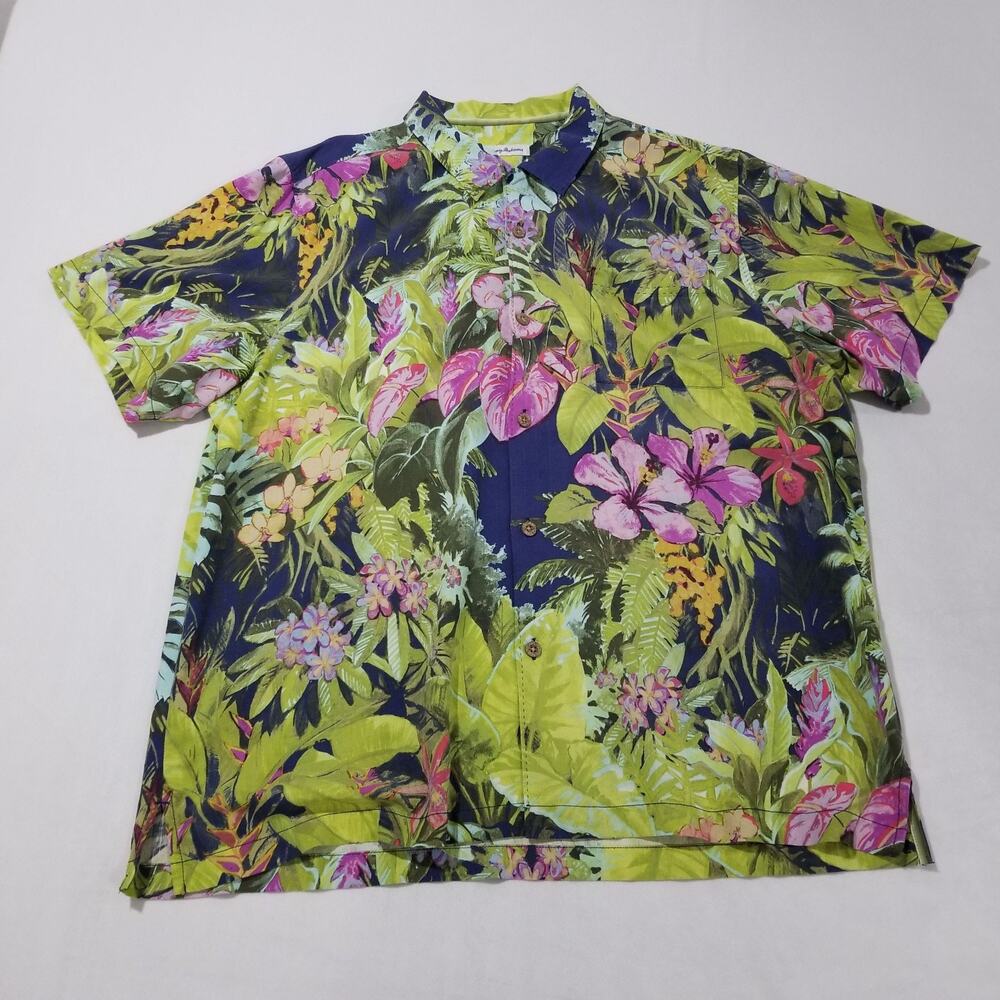 Tommy Bahama Shirt XL Camp Lush Oasis Island Navy Blue 100% Silk Aloha Hawaiin